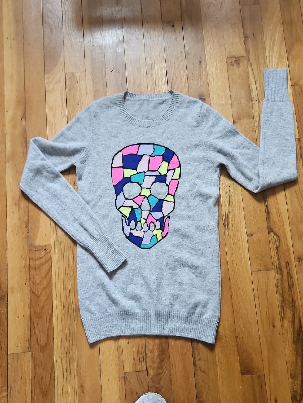 Aqua Gray Crewneck Sweater with Multicolor Mosaic Skull